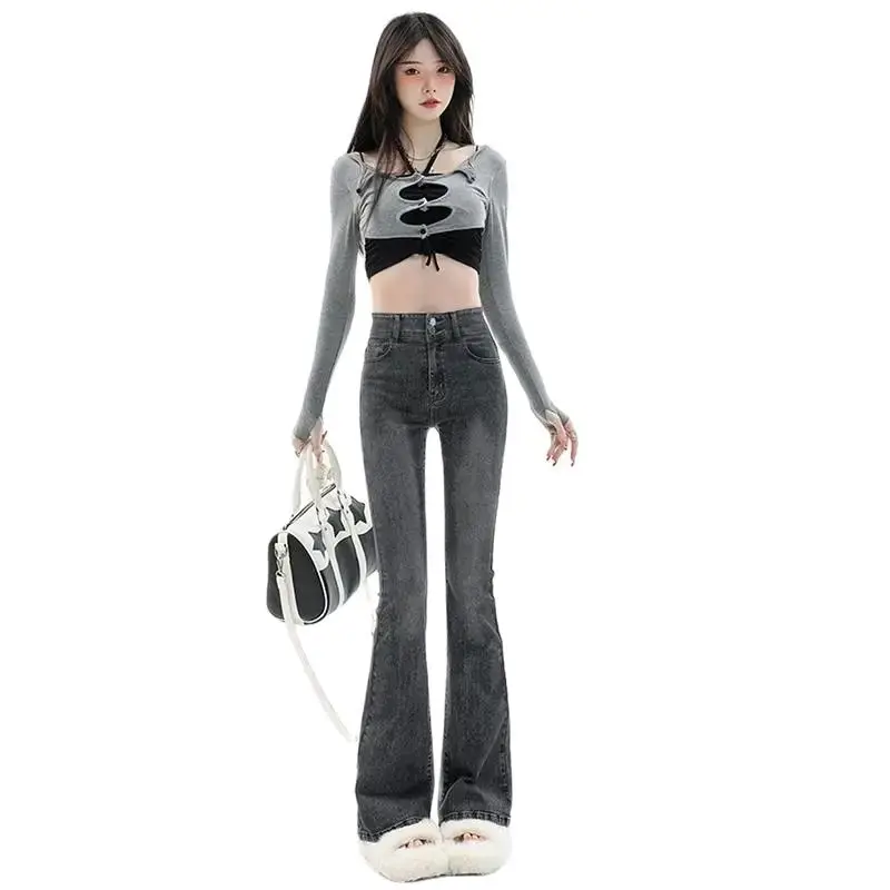 Y2K Gray Black Blue Flared Jeans Woman Trousers Hippie Ladies Flared Denim Pants Female High Waist New Y2K Jeans Push Up Women