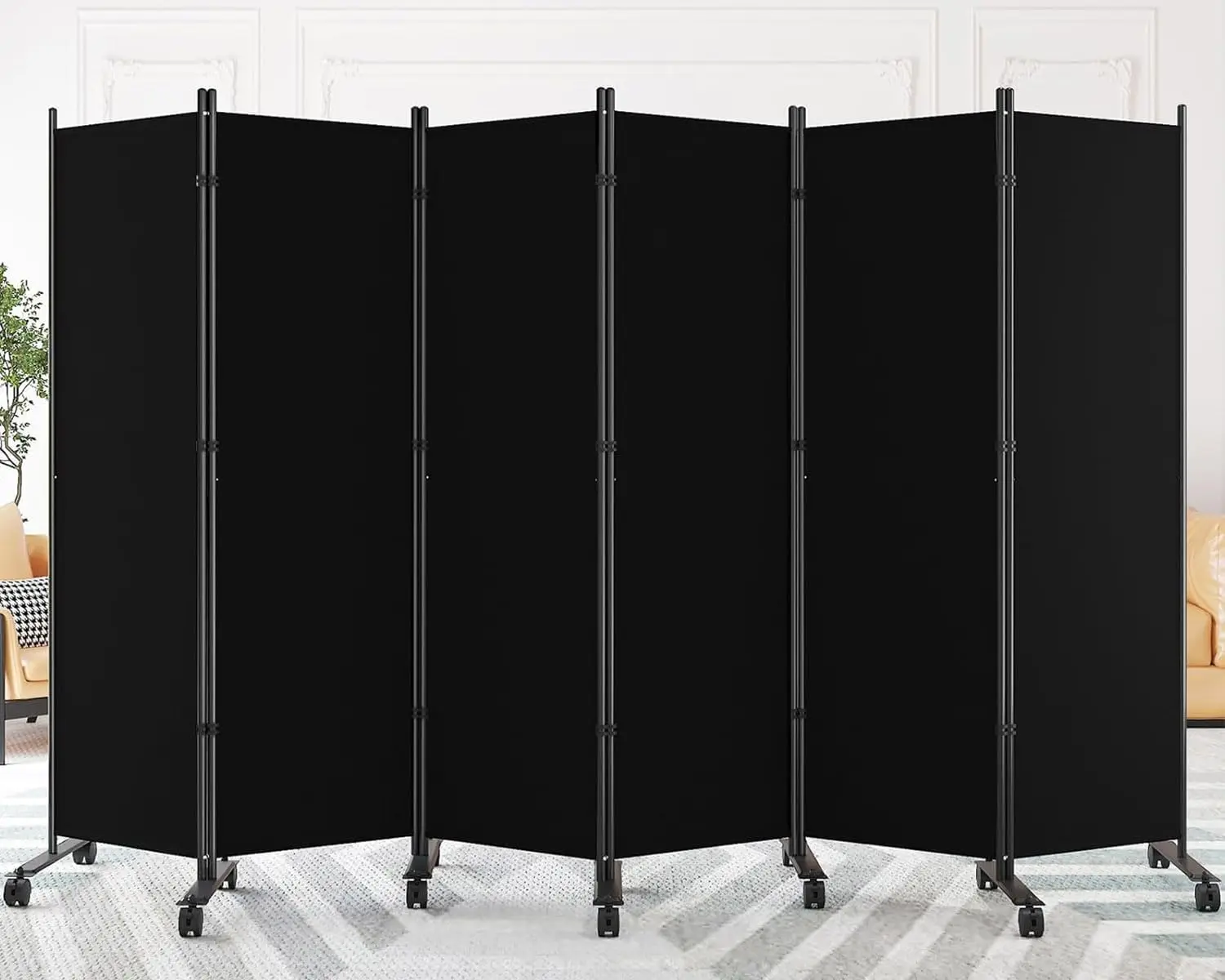 SUNALLY Room Divider Privacy Screens, 6 Panels Dividers with Wheels, Black | 132