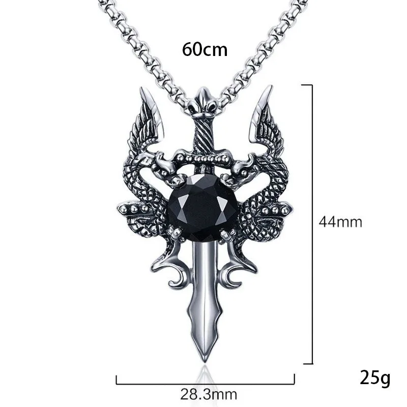 Double Dragon Red Stone Sword Cross Pendant Necklace For Men INS