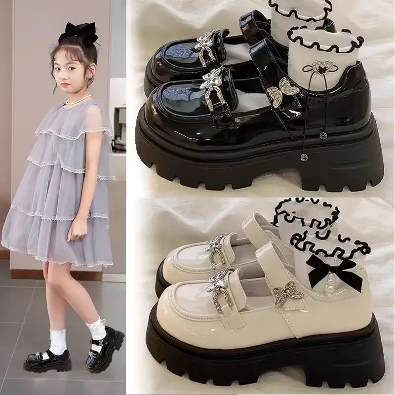 

Детские кожаные туфли для девочек на весну-осень, повседневные нескользящие туфли на липучке, женские элегантные туфли на толстой подошве с бантом и высоким каблуком