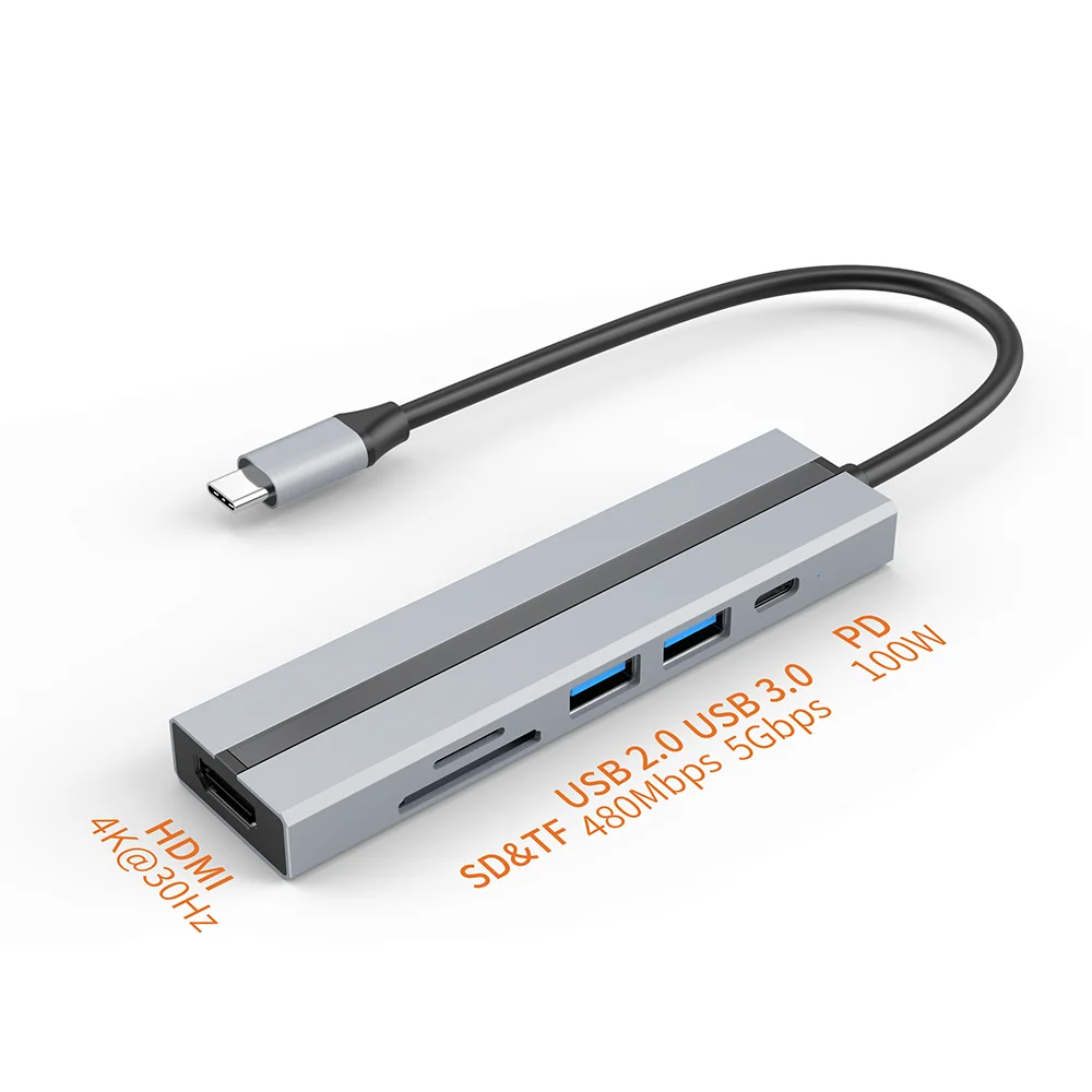 6 in 1 USB Type C HUB to HDMI-compatible TF SD Reader PD 100W USB 3.0 Splitter For Lenovo Xiaomi MacBook Pro Dock Station