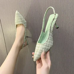 Sandals Straps Women's Low Shoes Suit Female Beige Summer Clear Heels Low-heeled Black New Closed Pointed Elastic Band Ope