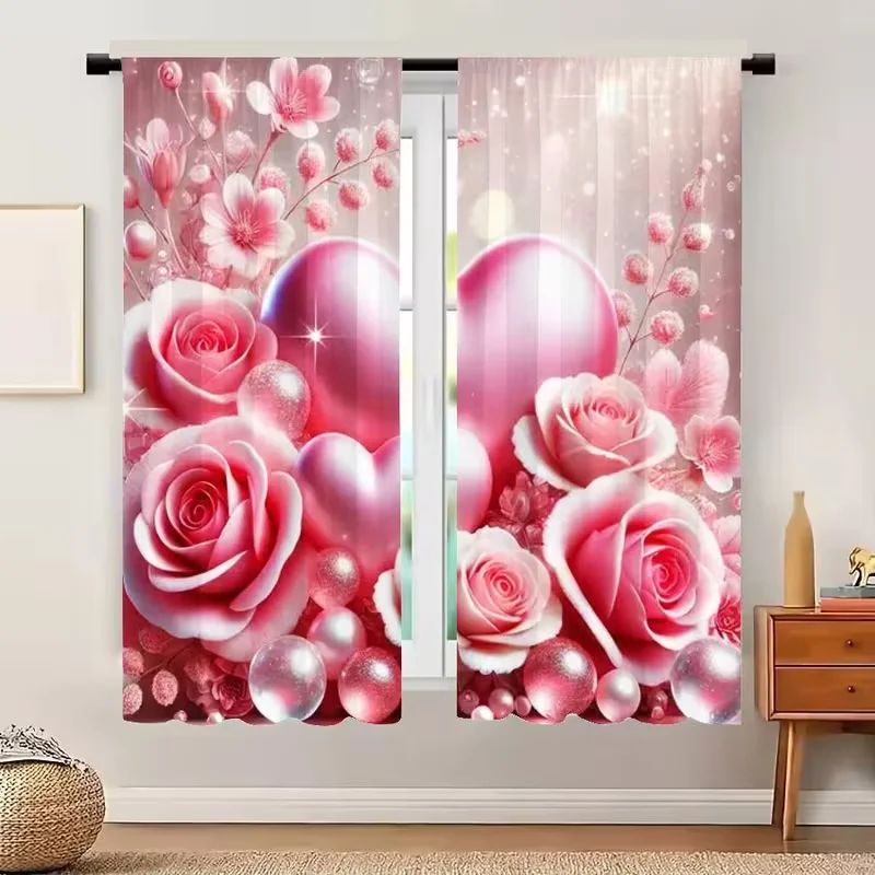 2 Stück Valentinstag-Vorhänge mit rosa Rosen und Herz, Glitzer-Kugeldruck, Lichtfilterung, transparente Vorhänge, romantische Fenstervorhänge für Schlafzimmer