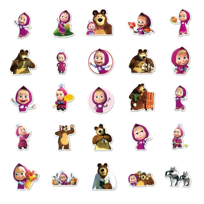 50pcs Masha and The Bear Anime Graffiti Stickers Suitcase Water Cup Stationery Scooter Laptop Refrigerator Decoration Stickers