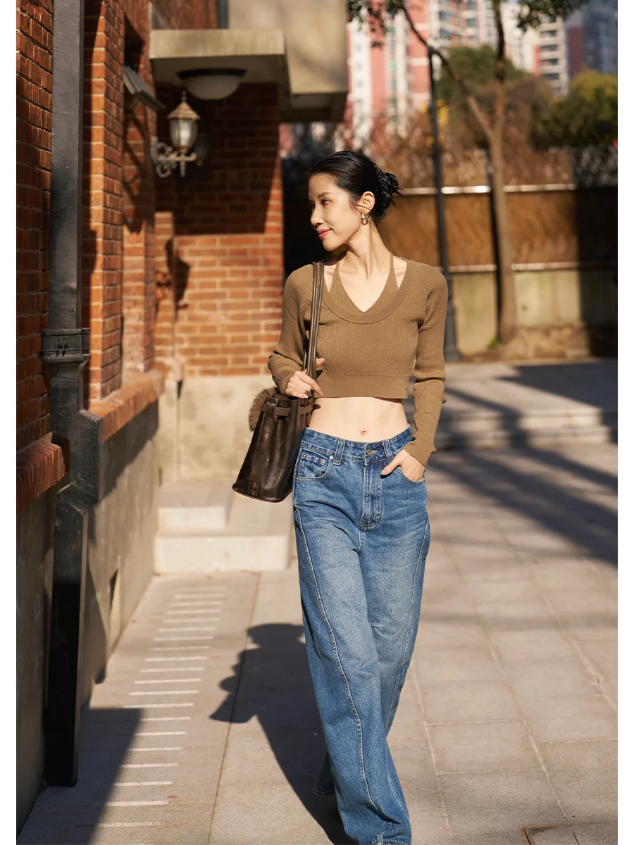 

Весенний вязаный шерстяной свитер с V-образным вырезом, укороченный, с эффектом стройности, из 100% шерсти, для повседневной носки, с длинными рукавами, ультракороткий