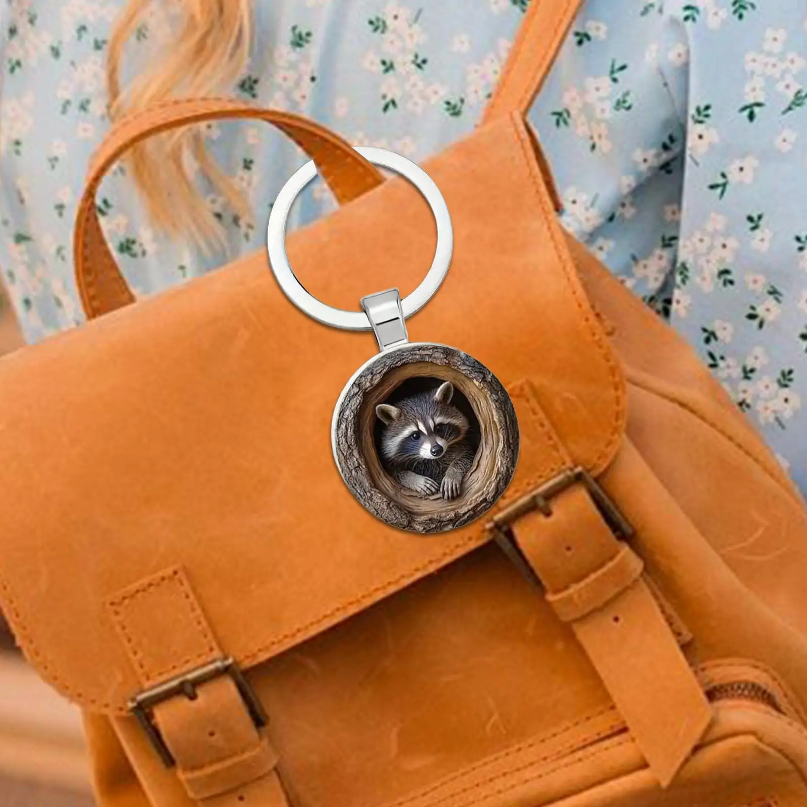 Chaveiro de guaxinim, chaveiro de árvore oca de guaxinim, chaveiro de animal pequeno para carteira, bolsa feminina, decoração de casa, mochila de viagem
