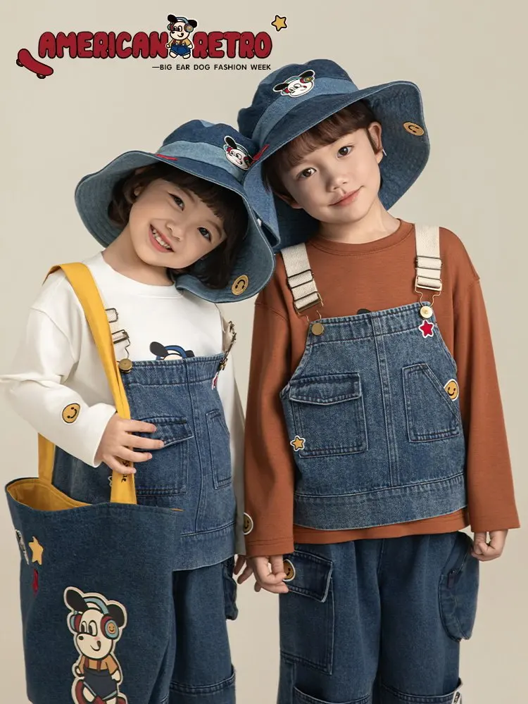 Girls 2026 Spring New Cartoon Print Long Sleeve Tee Loose Straight Jeans Antibacterial Anti Mite Kids Clothing Set Ages 2-10Y
