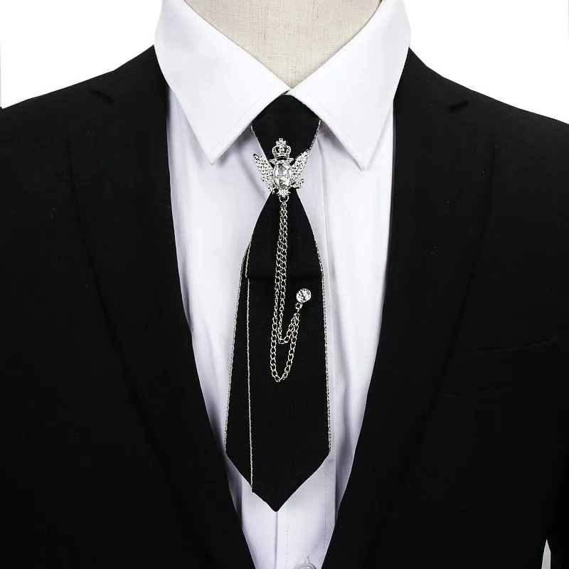 Hand Made Black Ribbon Tie Crystal Rhinestone Jewelry Men Shirts Unisex Girls Boys Collar Neck Ties School Uniform Women Necktie