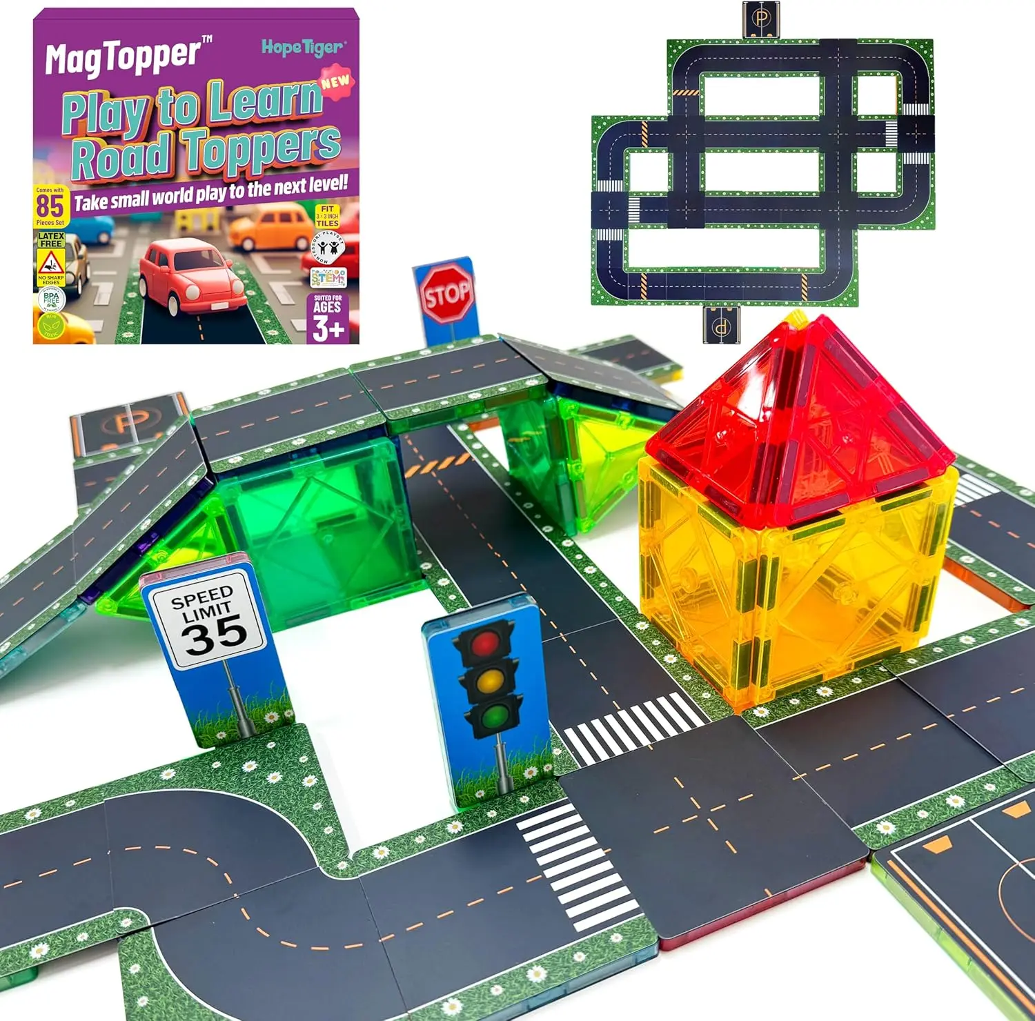 

Magnetic Tile Road Toppers - 85-Piece Set Creative Construction Road Tiles Accessory Car Tracks - Learn Grow Activity City Traff
