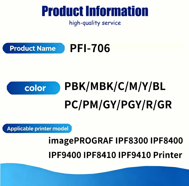 700ML PFI-706 PFI706 PFI 706 ink cartridge Compatible for Canon imagePROGRAF IPF8300 IPF8400  IPF9400 IPF8410 IPF9410 Printer