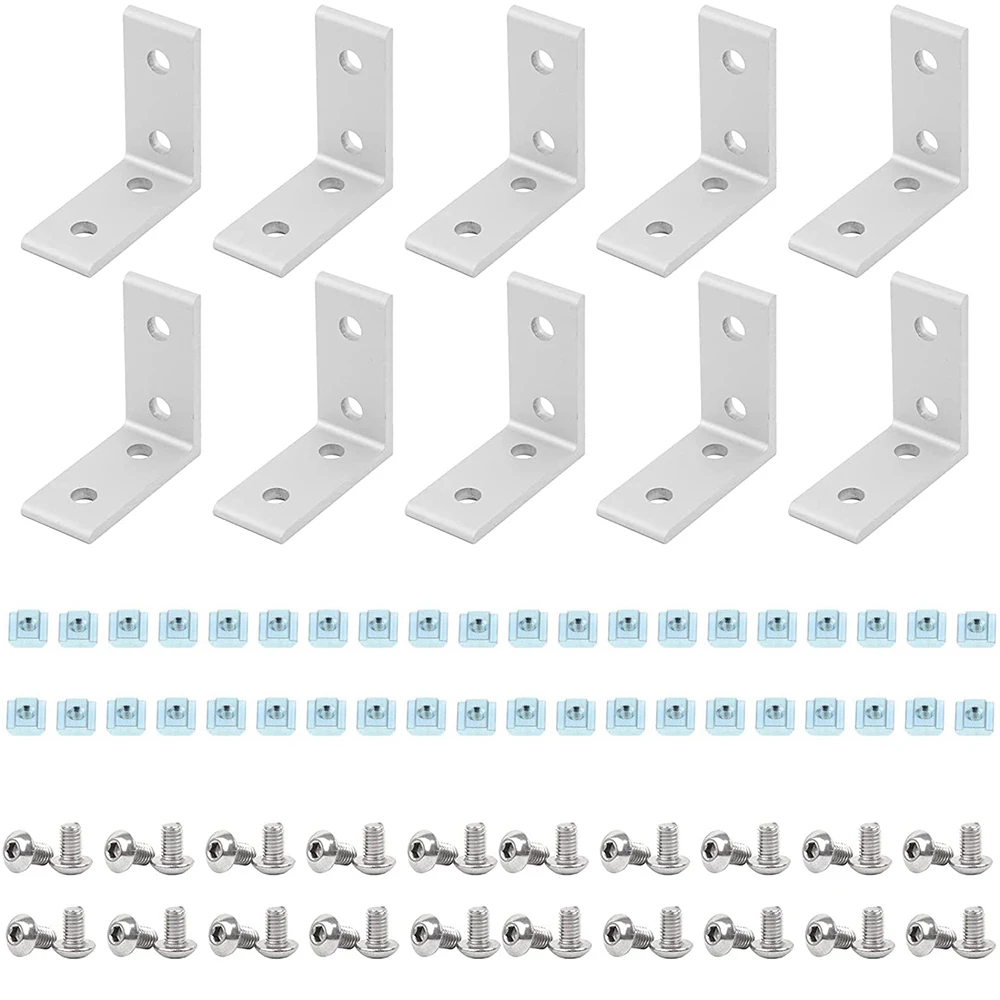 10pcs 2020 4 Holes L Shape Corner Bracket Fitting 90 Degree Connector with T Nuts and Hex Screw for Aluminum Extrusion Profile