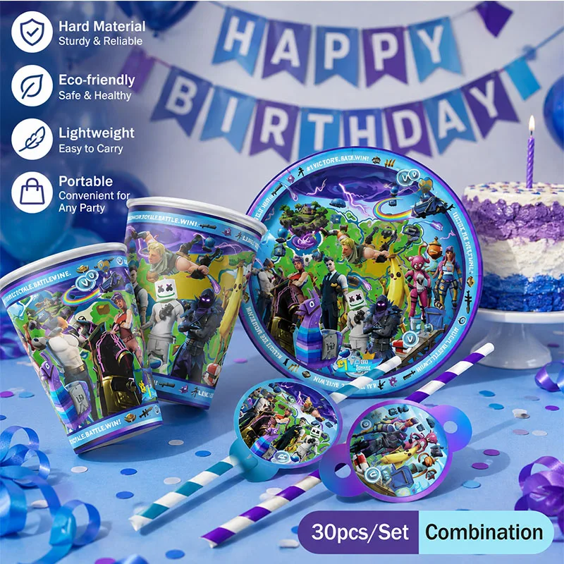 Fortnite Einweg-Partydekorationsset: Teller, Becher, Strohhalme, Kombination für Feier-Tischdekoration, Spielthemen-Geburtstags-Tischzubehör – Detail 5