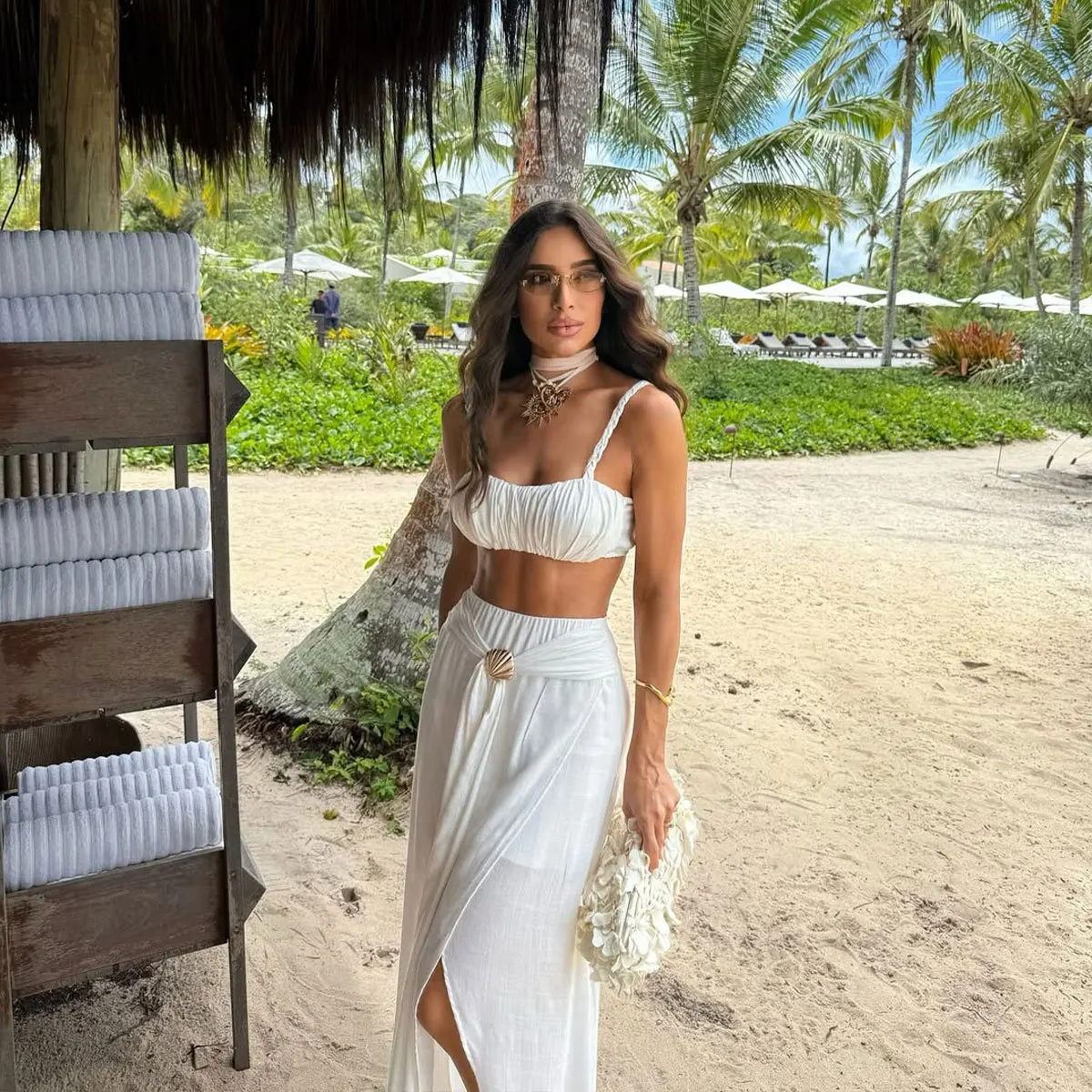 3Pcs Sexy Bikini Set With Cover Up Shell White Swimsuit Women Halter Swimwear Female Off Shoulder Bathingsuit Biquini Beachwear