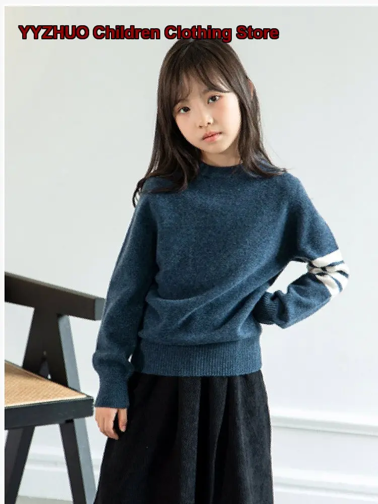 Boys Girls Autumn Winter Striped Pullover Sweater Round Neck Long Sleeves College Style Knit Top Kids