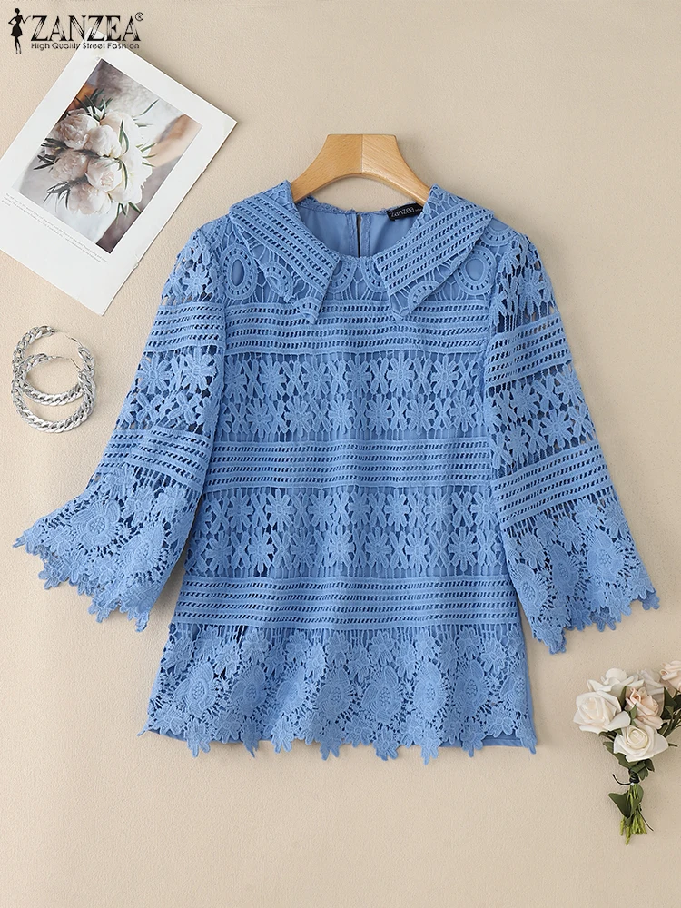 

ZANZEA 3/4 Sleeve Womens Blouses Day Wear Openwork Lace Korean Style Elegant Top Fashion Patchwork Peter-Pan Collar Blusas Mujer