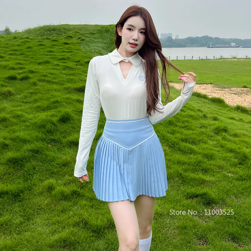 Women Long-sleeved Hollow-out Collar Top Pleated Skirt Spring Autumn Slim Golf Shirt Jersey Ladies High Waist Tennis Skorts