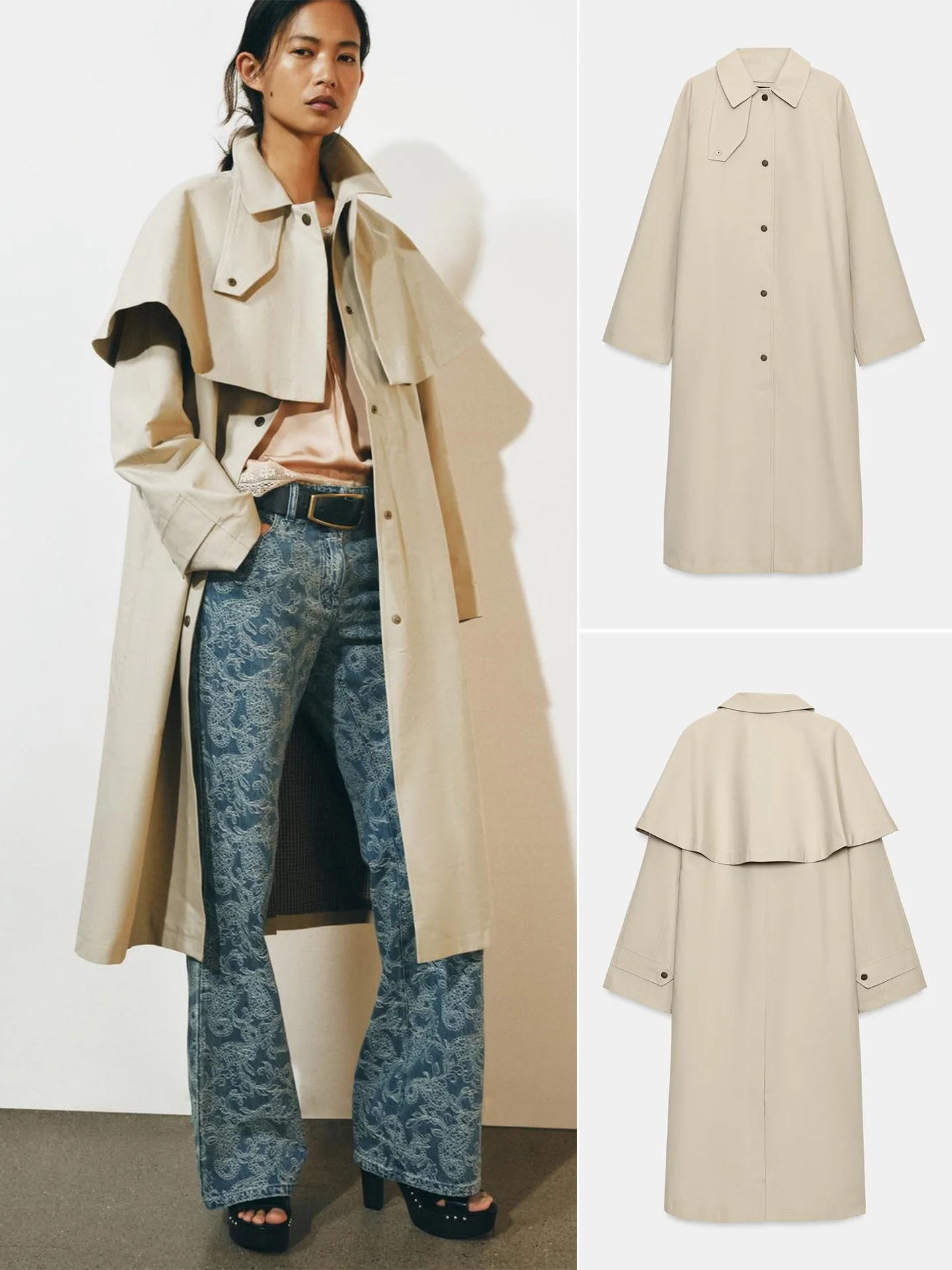 New Autumn Women's Casual Long Sleeve Collar Coat Single Row Button Detachable Cowl Neck Windbreaker Outerwear Polyester Fiber