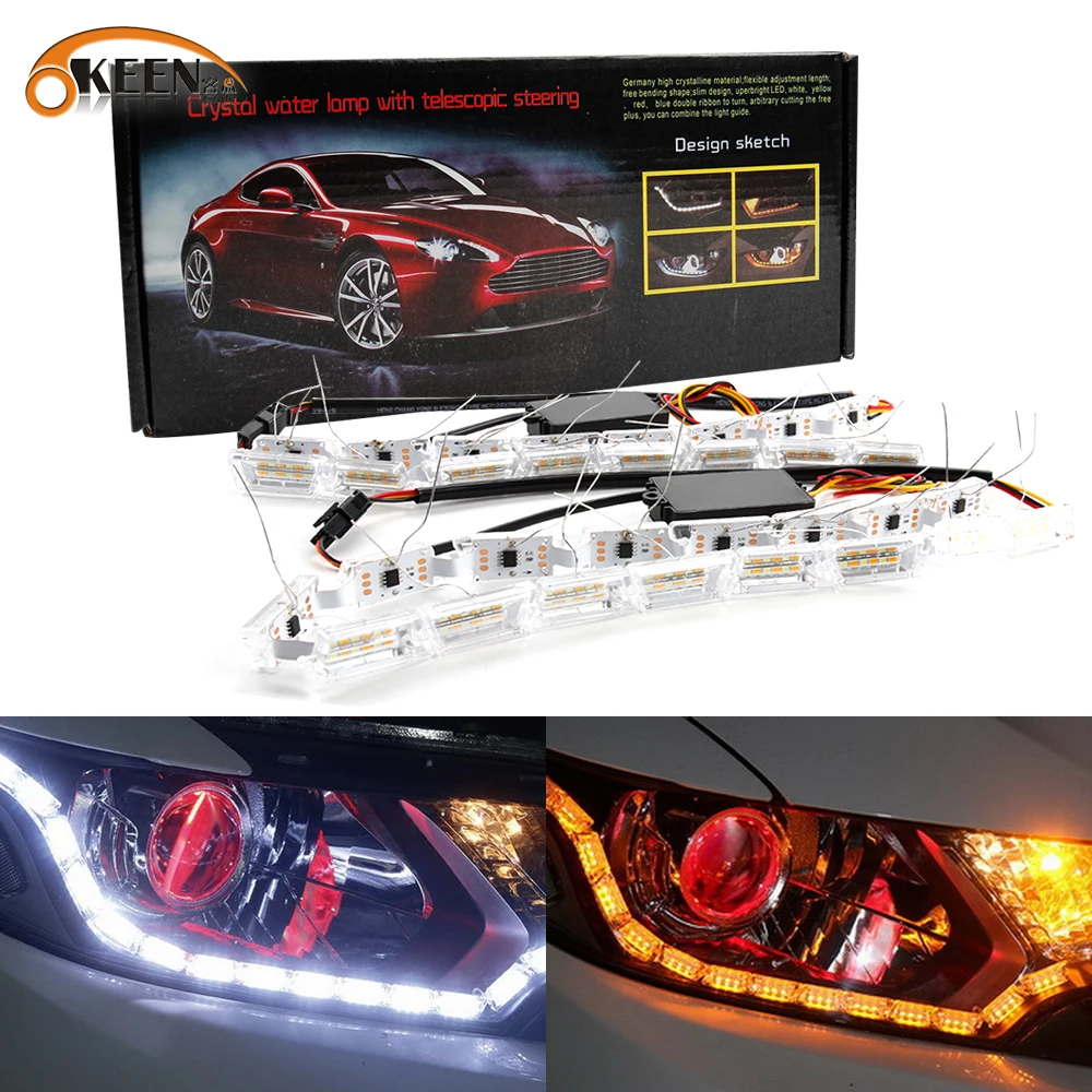 

OKEEN 2p LED Daytime Running Light Strip With Sequential Scanning Fire Flash Car Driving Turn Signal Streamer Lamp Headlight 12V