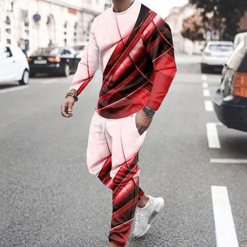 

Striped T-shirt 2-Piece 3D Geometric Print Long Sleeve T shirt Pants Set Casual Sports Outdoor Streetwear Men's Clothing Outfits