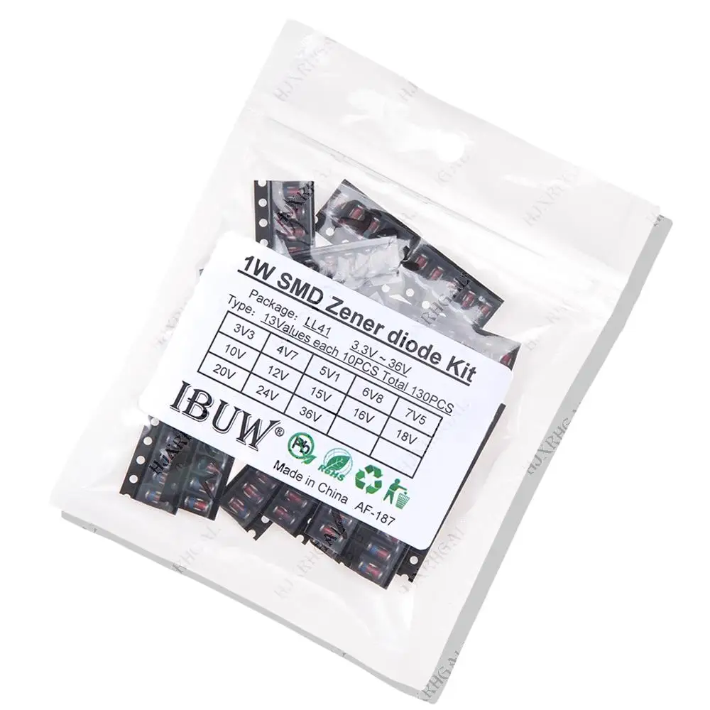 

13 видов * 10 шт. = 130 шт., комплект диодов стабилитра LL41 SMD, 1 Вт, 3V3-36V, ZM4728A, ZM4732A, ZM4733A, ZM4737A, ZM4740A, ZM4742A, ZM4744A, ZM4745A