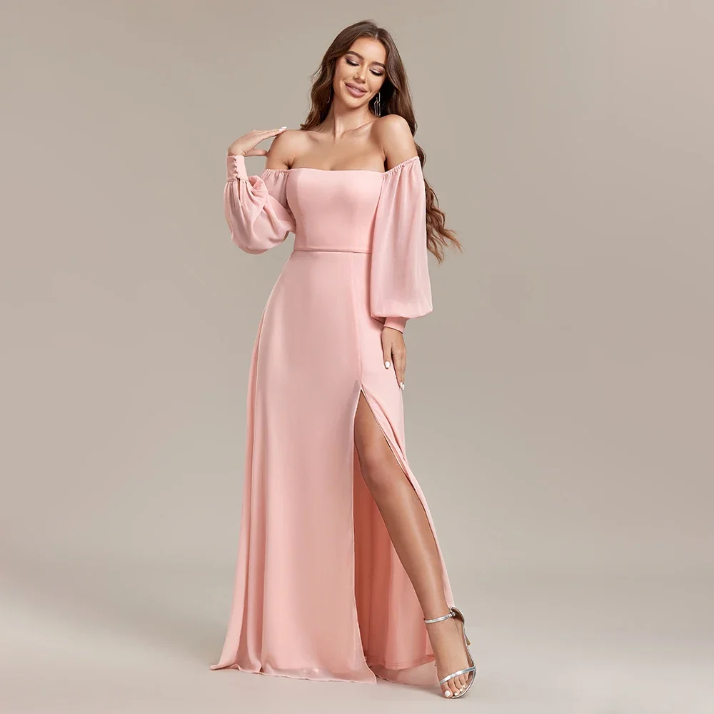 New Women Strapless Pink Long Sleeved Bridesmaid Dresses Chiffon Free Wear Square Neck Party Gown Elegant Birthday Party Dress