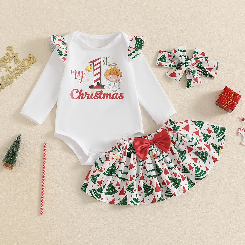 3-24M Baby Girls 3Piece Christmas Outfit Sets Ruffled Long Sleeve Letter Tree Print Rompers + A-line Skirt + Bowknot Headband