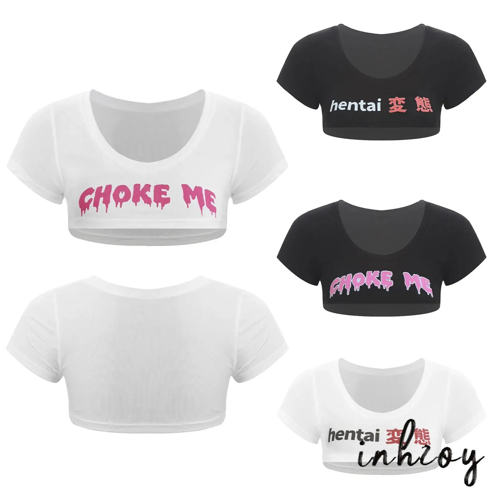 

Womens Anime Style Print Ultra-short T-shirt Crew Neck Showing Chest Crop Tops Spicy Tops for Dating Night Private Party