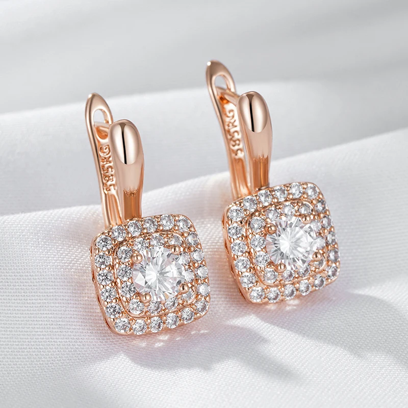 Kinel Hot Shiny Natural Zircon Square Drop Earrings For Women Trend 585 Rose Gold Color Bride Wedding Fine Jewelry Crystal Gift