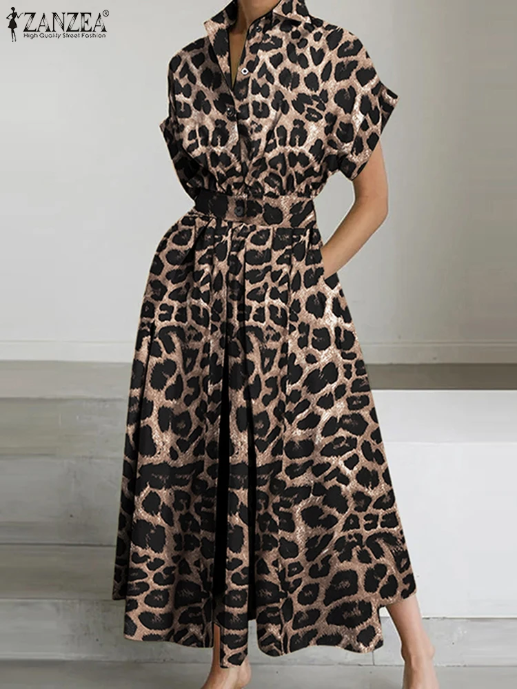2025 فساتين أنيقة ليوبارد ZANZEA المرأة ماكسي فستان طويل مكتب فستان الشمس الصيف التلبيب الرقبة قصيرة الأكمام العمل Vestidos رداء #3