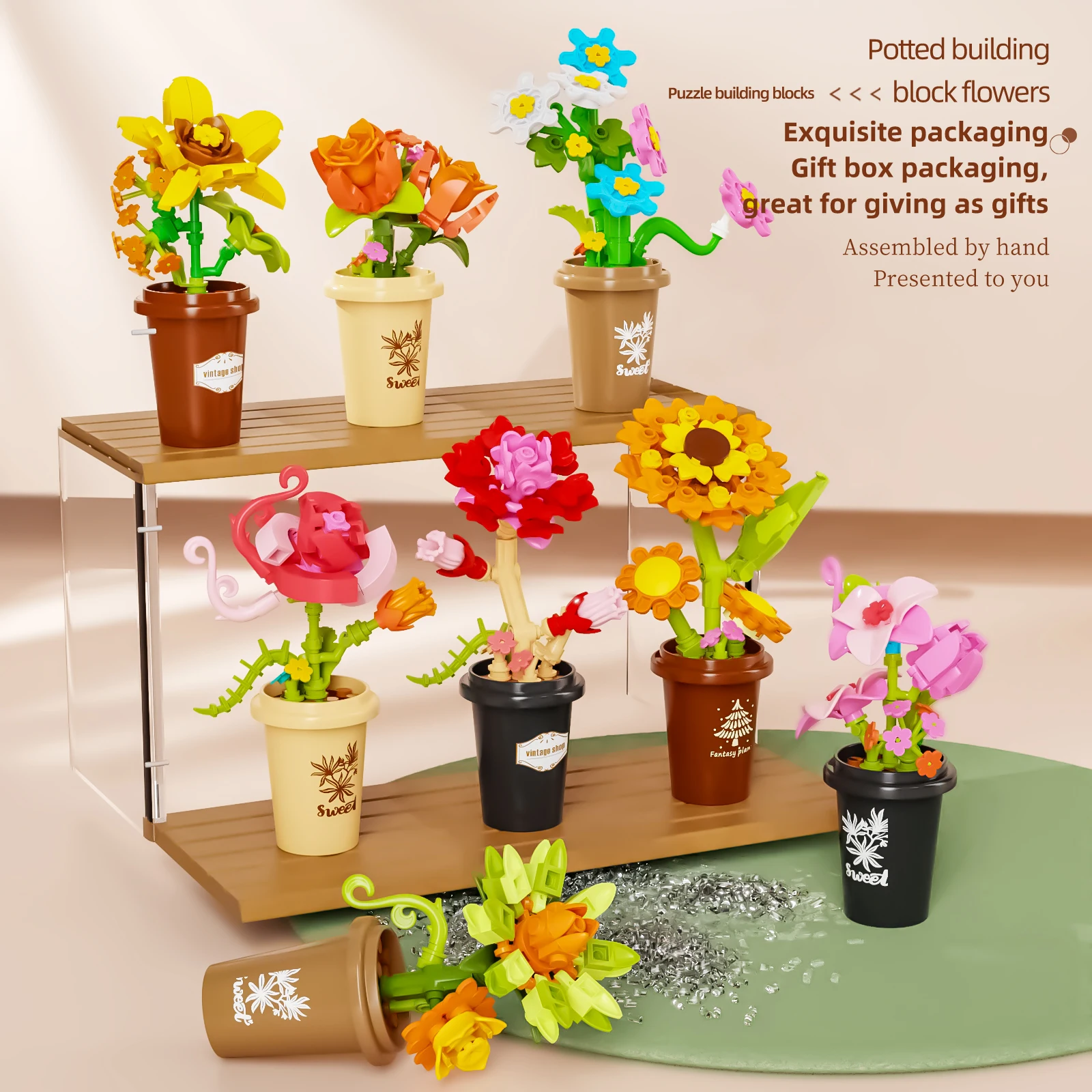 シミュレーションブーケビルディングブロック組み立てモデル花植物装飾品MOCテクニカルレンガ女の子DIY装飾ギフト用