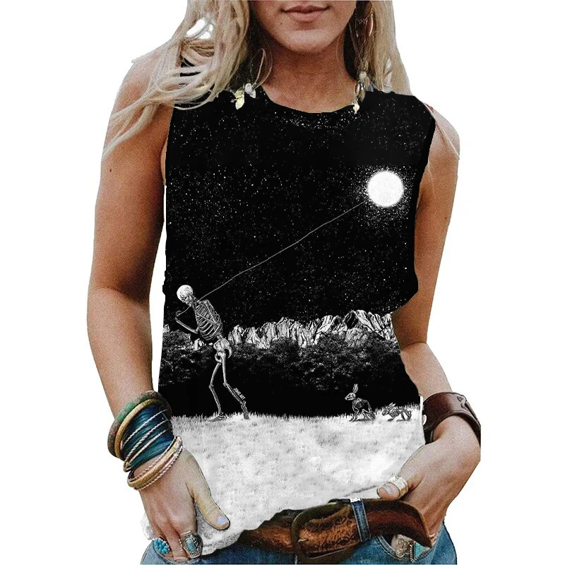 Summer Skull Moonlight 3D Print Tank Tops Women Fashion Streetwear Oversized O-Neck Vest Off Shoulder Sleeveless Woman Camisole