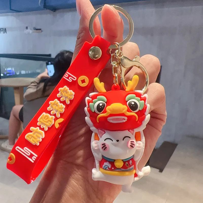 Ano novo chinês Waking Lion Head Chaveiro, Acenando Gato, Desenhos Animados, Bonito, Schoolbag Decoração, Encantos, Presentes festivos, Divertido