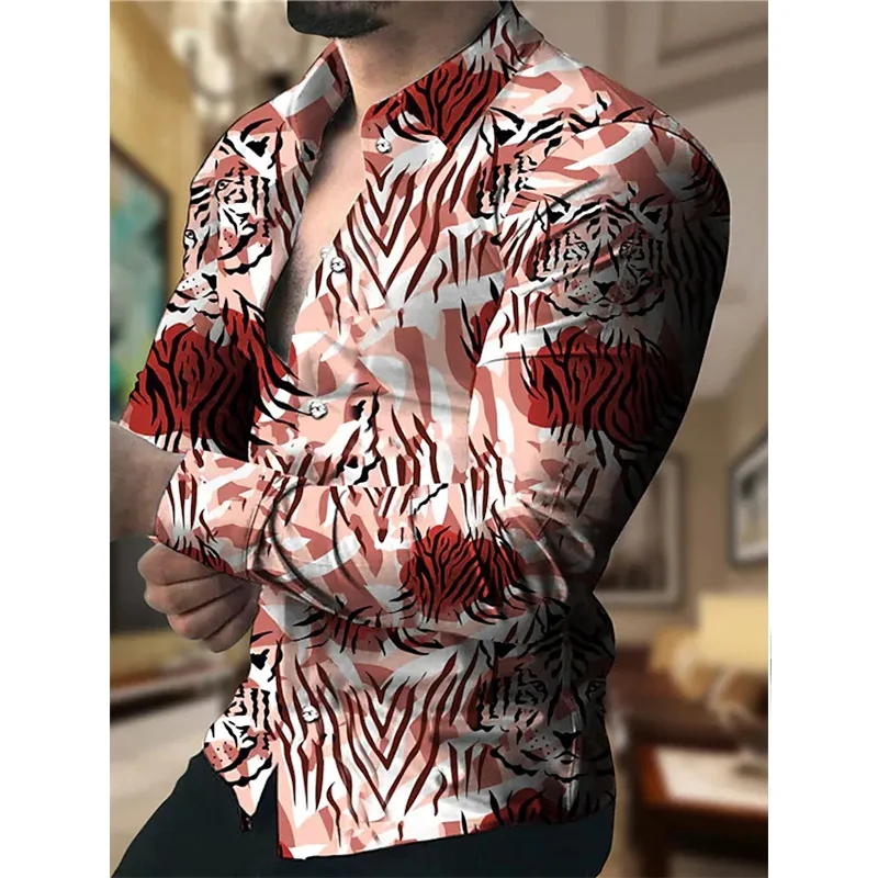 Men's retro long sleeved shirt with retro 3D pattern tiger head long sleeved shirt suitable for men's casual outdoor party shirt