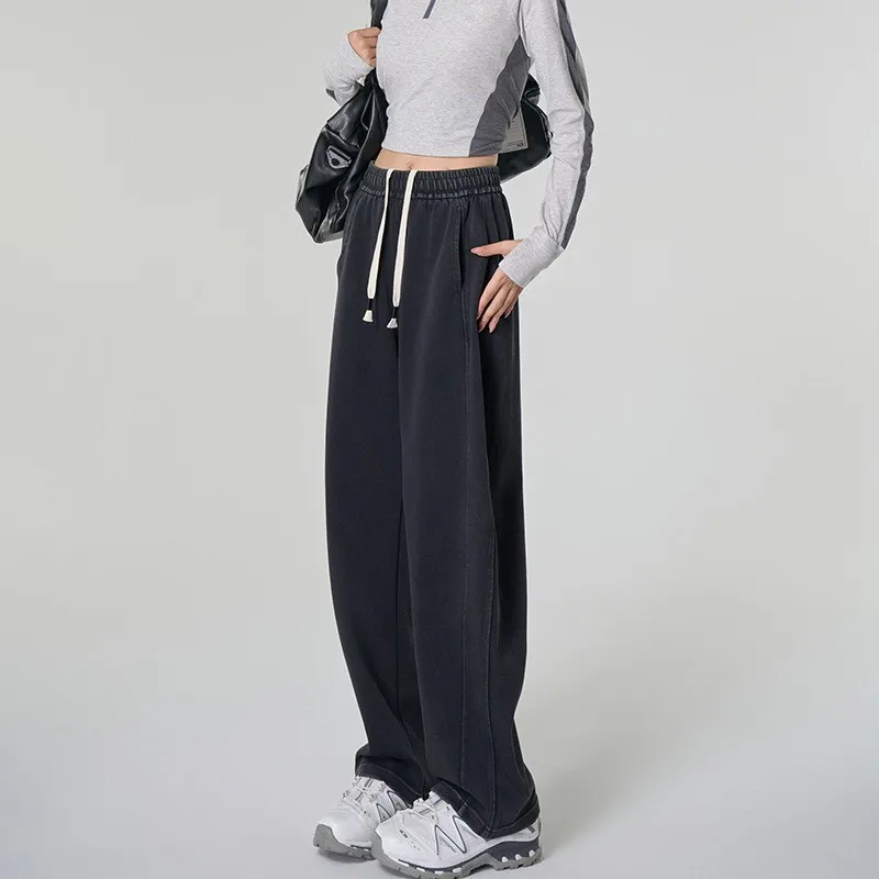 American Sle Pantalones casuales de pierna ancha sueltos de cintura alta Dstring Banana ape Jeans Algodón Cintura elástica Sle básico