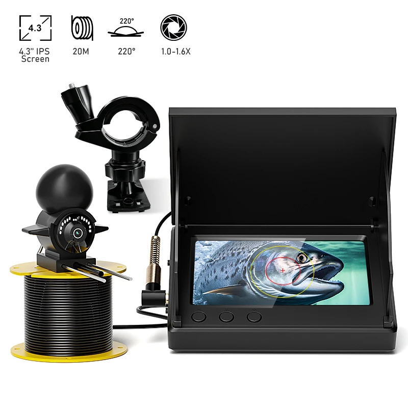 Détecteur de poissons portable LCD 4,3'', caméra de pêche sous-marine 20m avec profondeur de 220m °   Angle de vision avec vision nocturne pour la pêche sur glace en lac