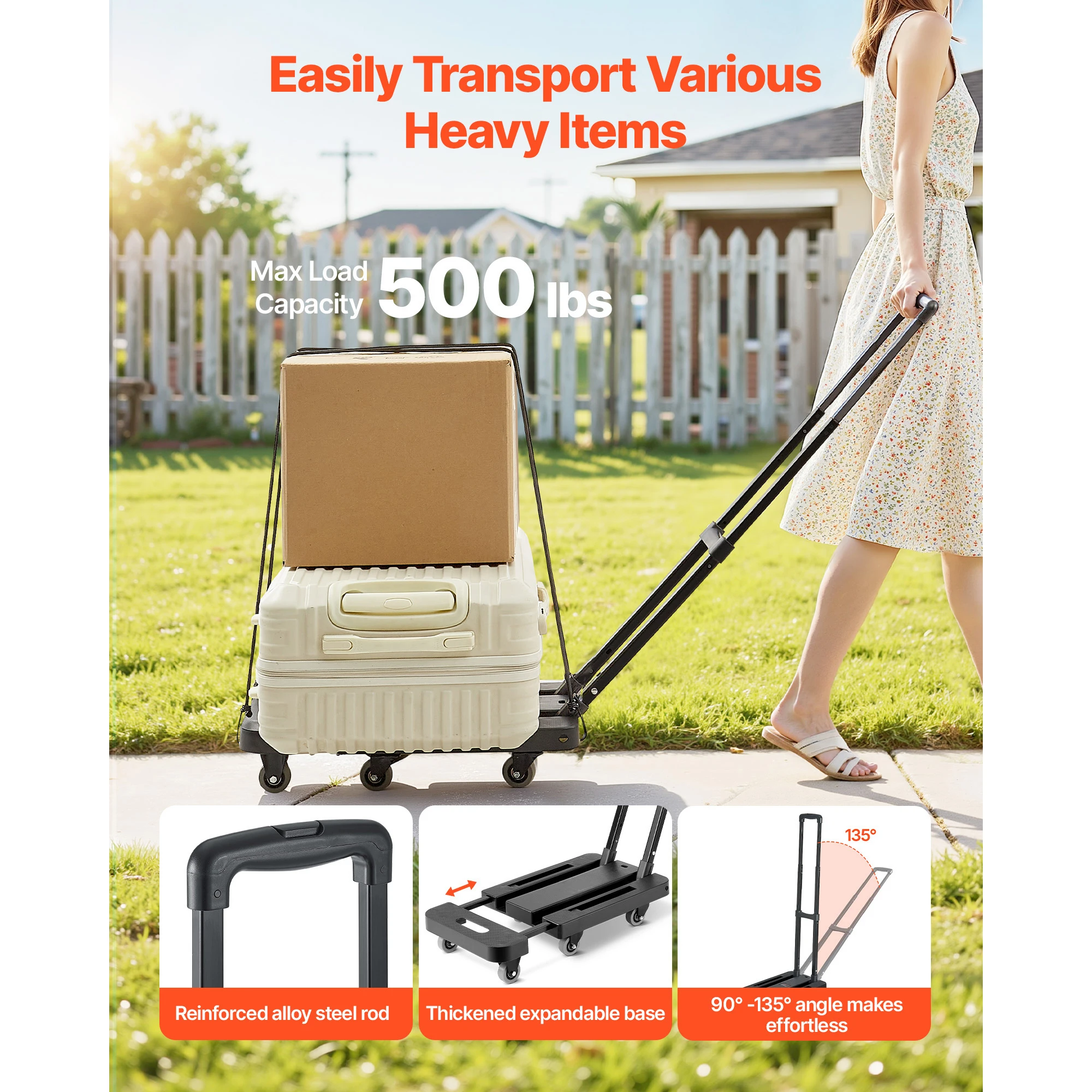 SucceBuy 500LBS Folding Hand Truck Collapsible Utility Dolly with Expandable Base & Wheels Platform Cart for Box Luggage Moving