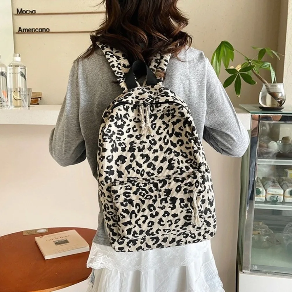Corduroy Leopard Print Backpack Harajuku Ulzzang Students School Bag Adjustable Shoulder Straps Korean Style Students Daypack