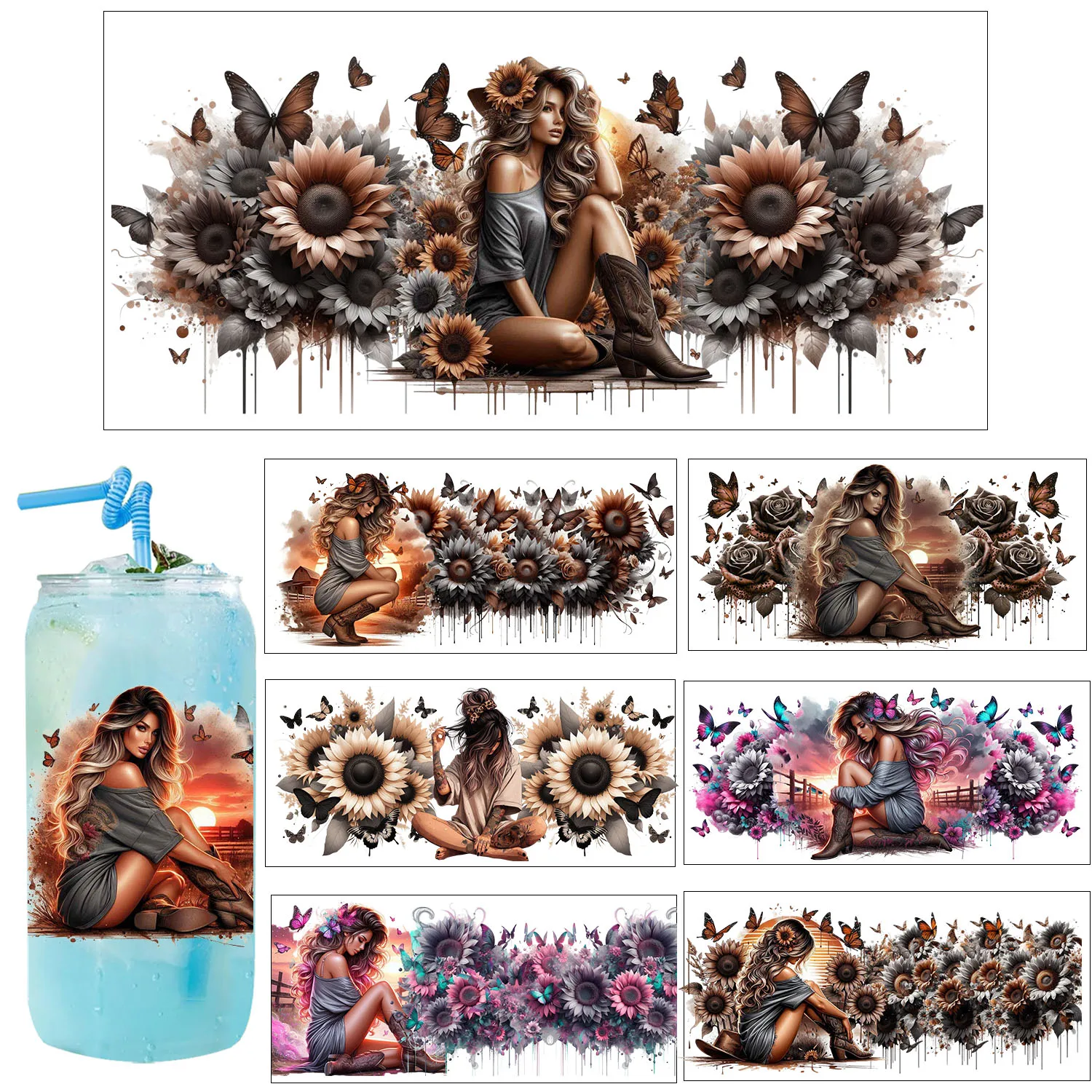 

Fashion sunset flower girl easy peel waterproof Party DIY Decals 3D transfers uvdtf tumbler seal stickers 16oz uv dtf cup wraps