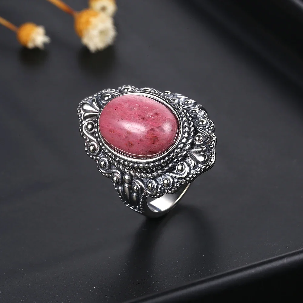 Natural Rhodochrosite Rings Women\'s S925 Sterling Silver Jewelry Ring Gifts Vintage Fine Wedding Ring