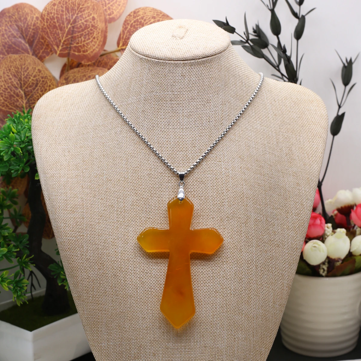 Natural Semi Precious Stones Agate Cross Pendant Religious Belief Necklace Jewelry Accessories Religious Gifts for Men Women