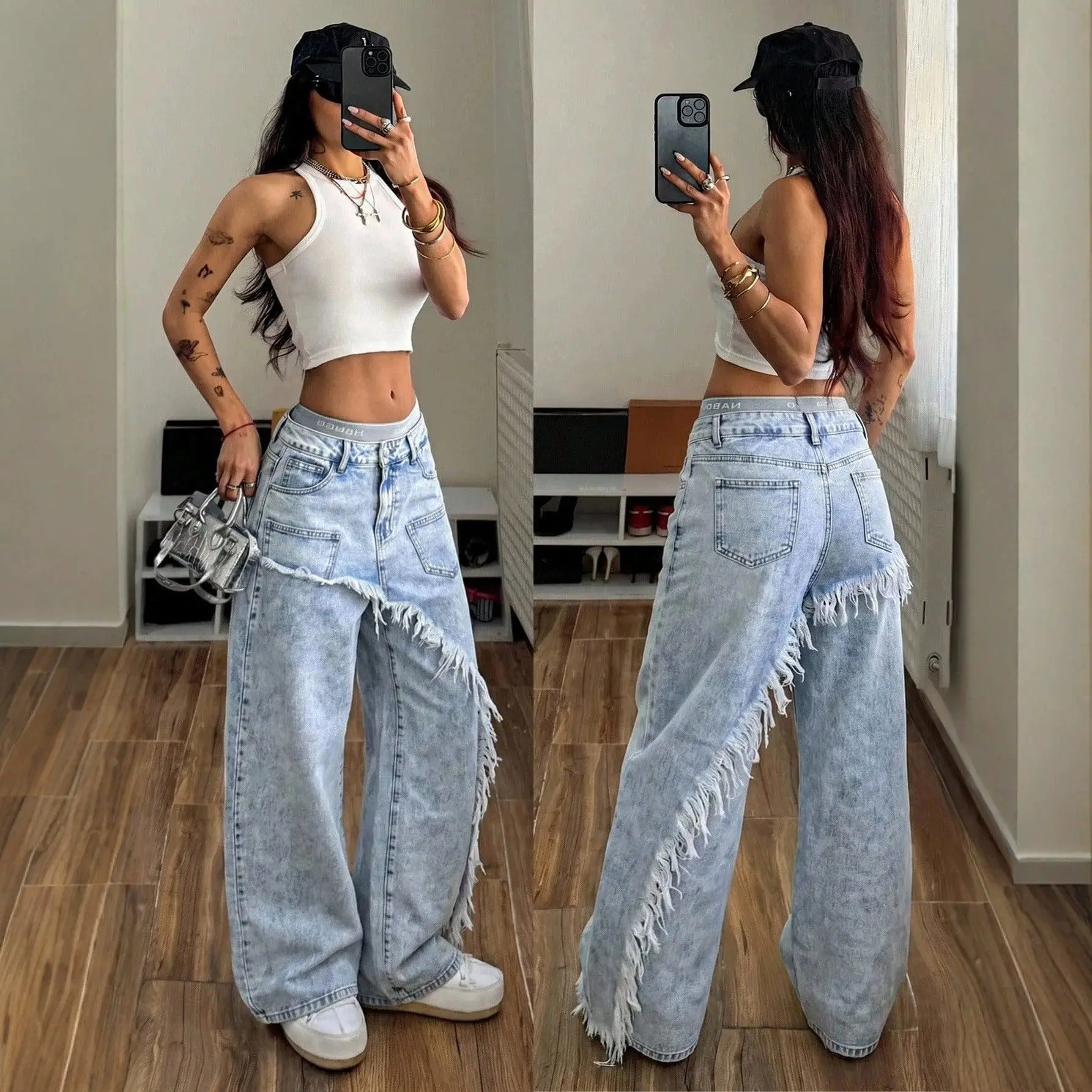 Women Light Blue Washed Wide Leg Jeans, Irregular Fringe Tassel Patchwork Skirt Panel Baggy Denim Pants, Y2K Streetwear