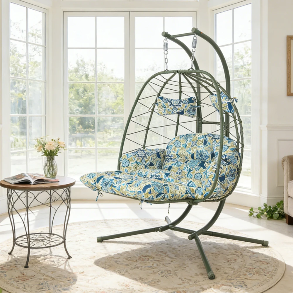 

2-Person Hanging Egg Chair with Stand: Wicker Swing, Adj Footrest & Thick Cushions Patio