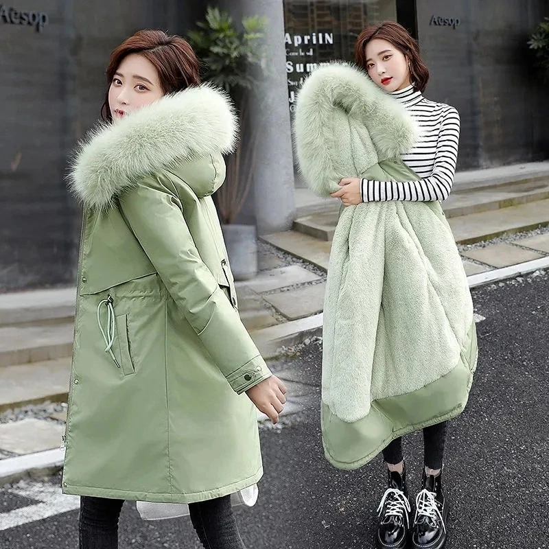 Feminino forro de pele grosso mujer casaco 2025 nova jaqueta de inverno das mulheres parkas gola de pele quente longo com capuz parka neve wear acolchoado