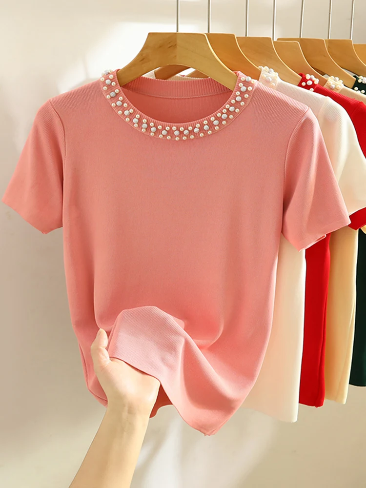 2026 Korea Knitted T-shirt Women Top Solid Tank Y2K Summer New Fashion Female Sleeveless Beading Casual Thin Tops Black White
