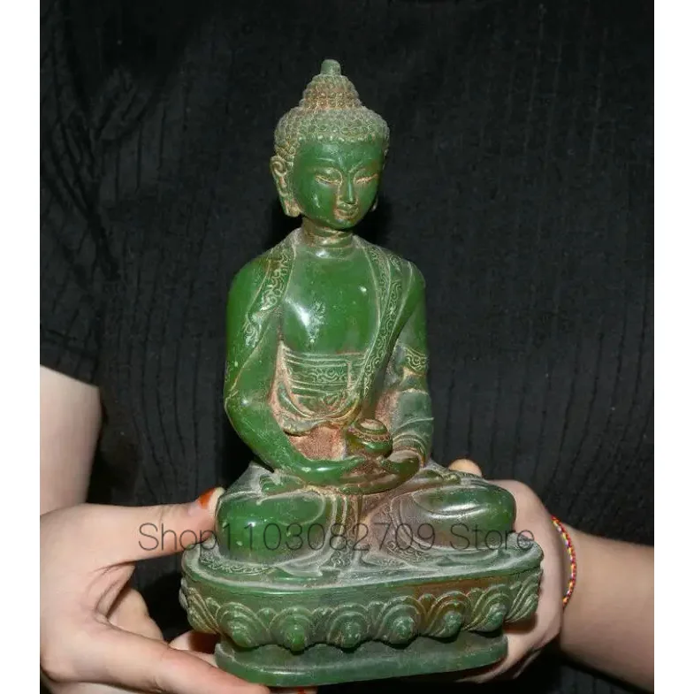 Imagem -04 - Jade Verde Natural Esculpida Buda Lotus Estátua Shakyamuni Amitabha Old Tibet 88