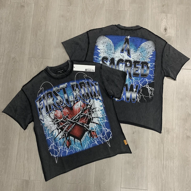 First Row Men's Short Sleeve Sacred Vow Wing Hot Drill Piercing Heart Printed Personalized Stitching Top FIRST ROW T-shirt