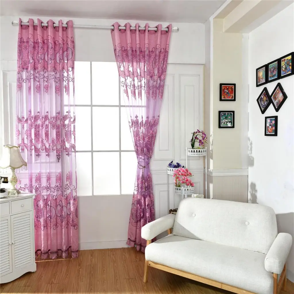 Decorative Gauze Grommet Curtain Burnt Yarn Semi Transparent Window Blind Voile Curtains for Bedroom Doorway