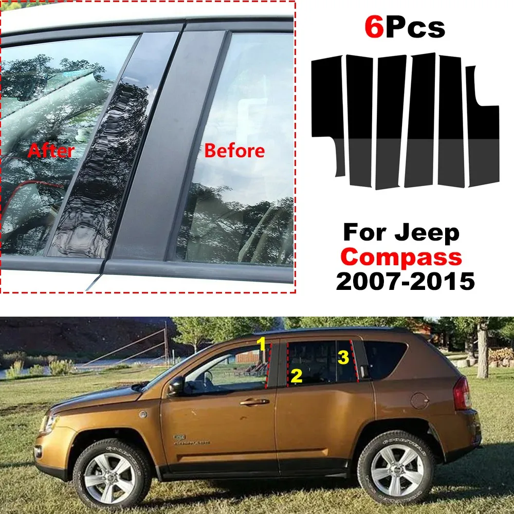 

6Pcs Car Middle Column PC Window Trims Decoration B C Pillar Strip Sticker For Jeep Compass 2007 2008-2015 Stickers Accessories