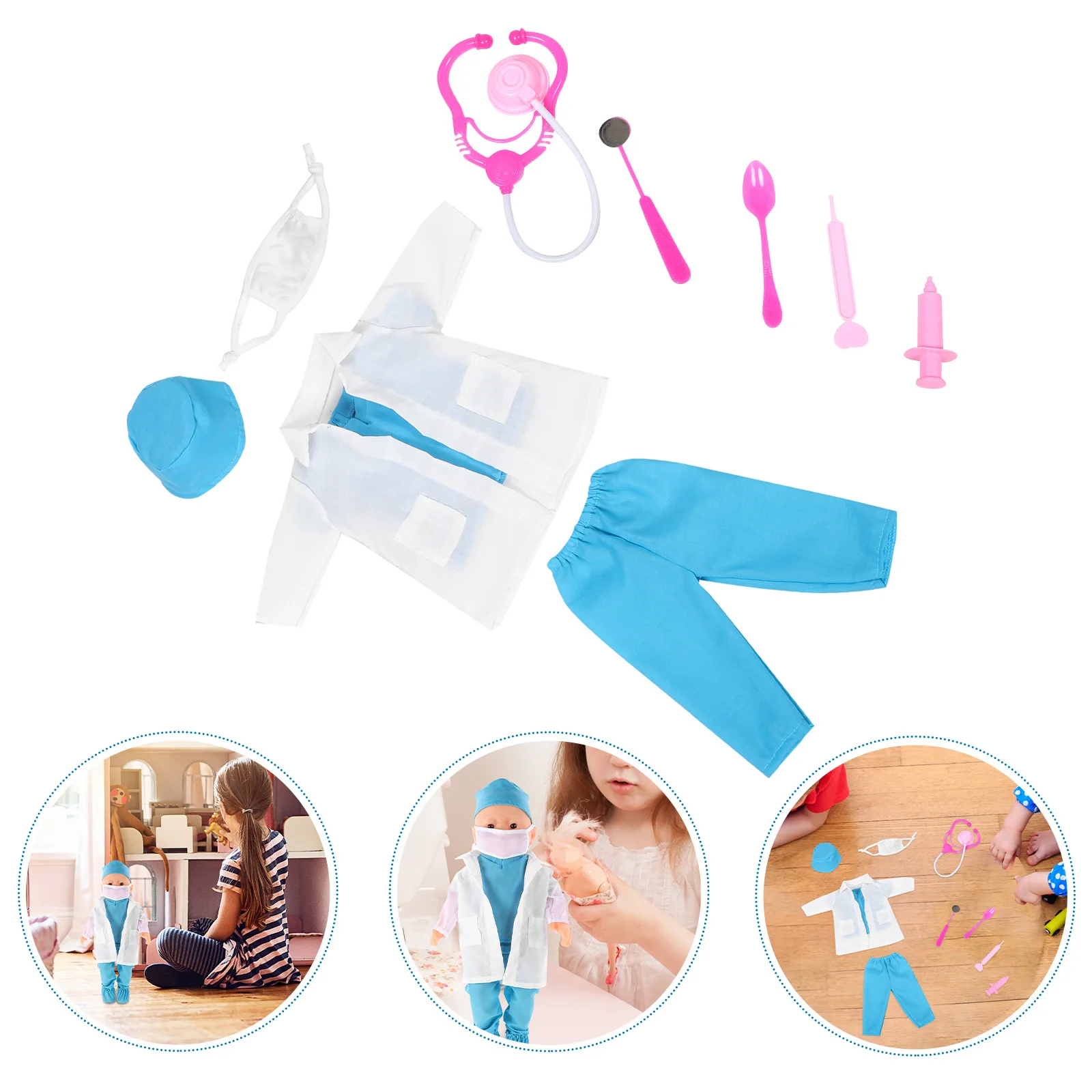 Ropa de 18 pulgadas, disfraz de médico, herramientas en miniatura y equipo médico, juego de plástico