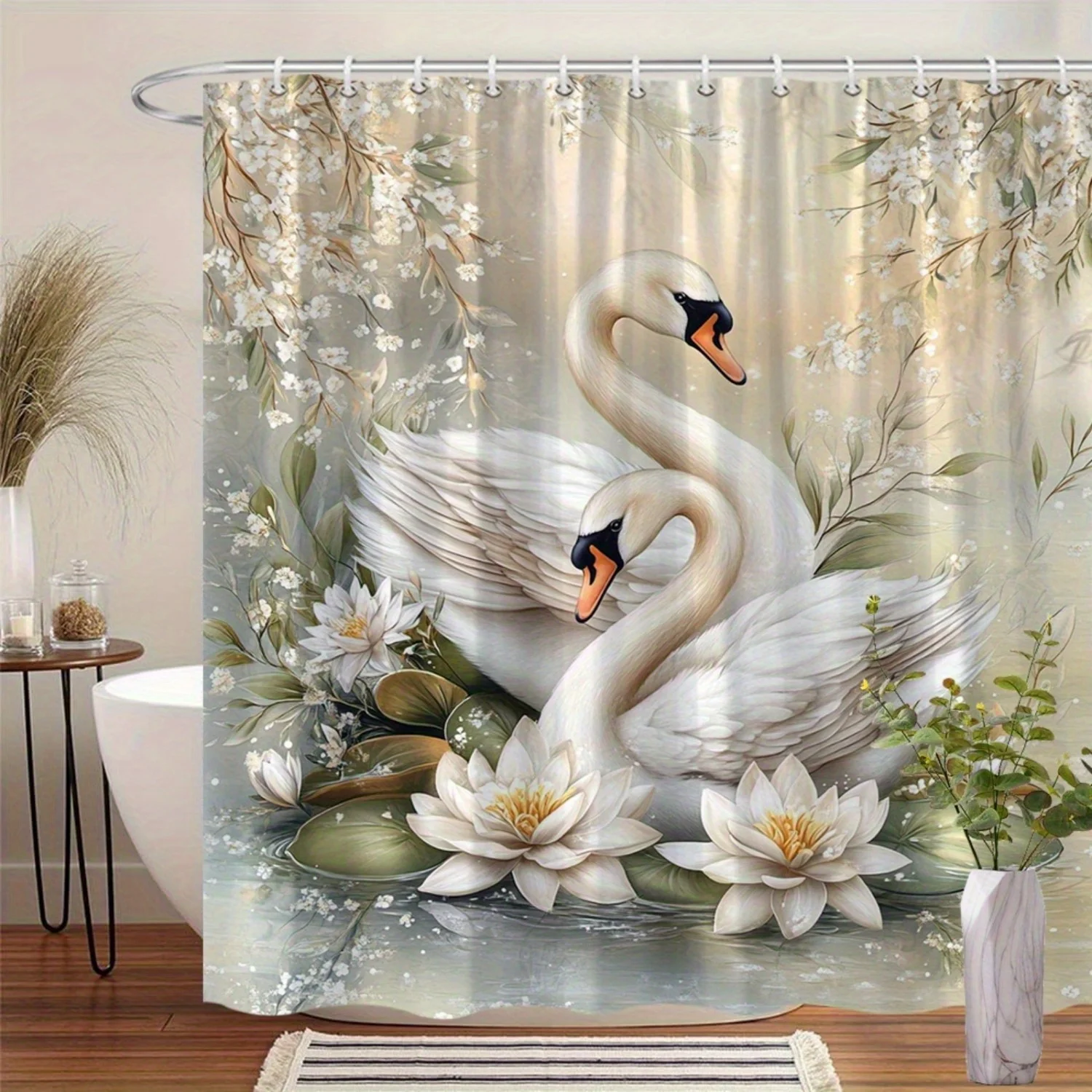 Luxury Swan Floral Watercolor Lotus Shower Curtain Waterproof Bathroom Decor Spring Nature Art Curtain Panel